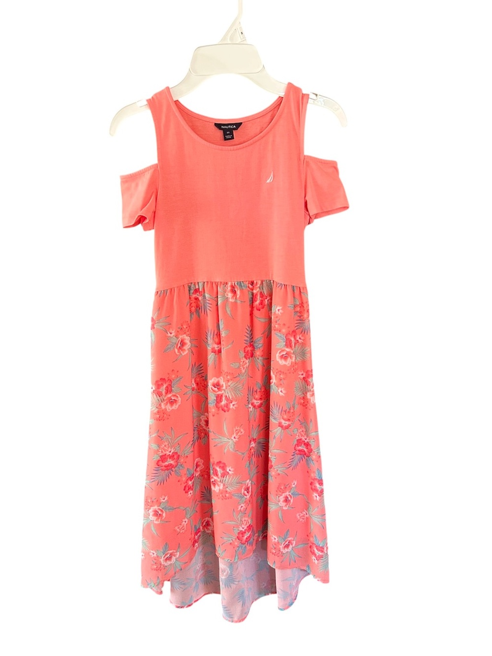 Nautica Coral Tropical Print Open Shoulder Hi-Low Lined Dress Size 10